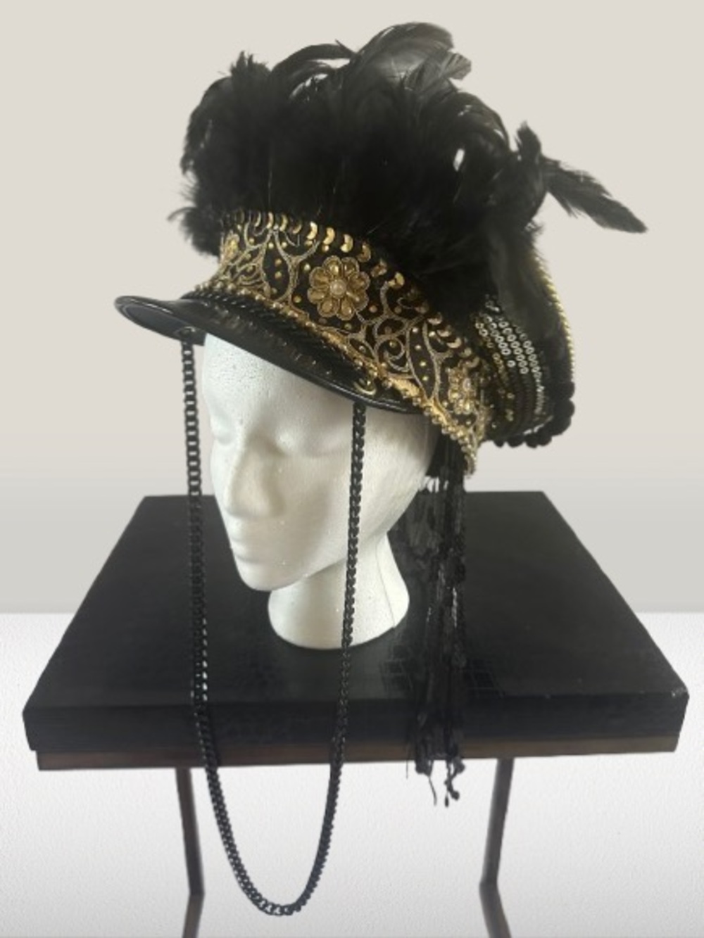 Black & Gold Sequin Feather Trimmed Statement Hat